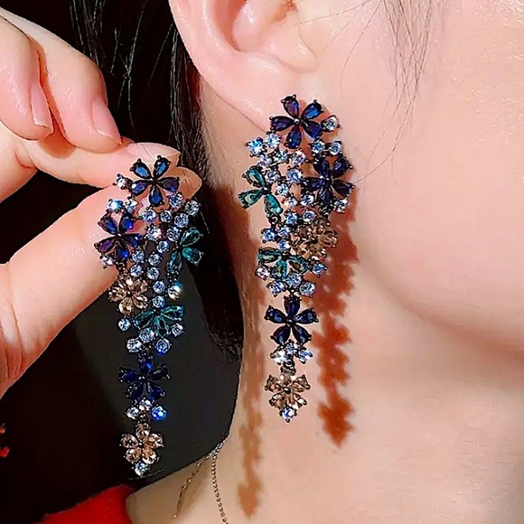 Blue Sapphire, Citrine, Aquamarine Gemstone Dangle Cubic Zirconia Earrings - Picture 3 of 7